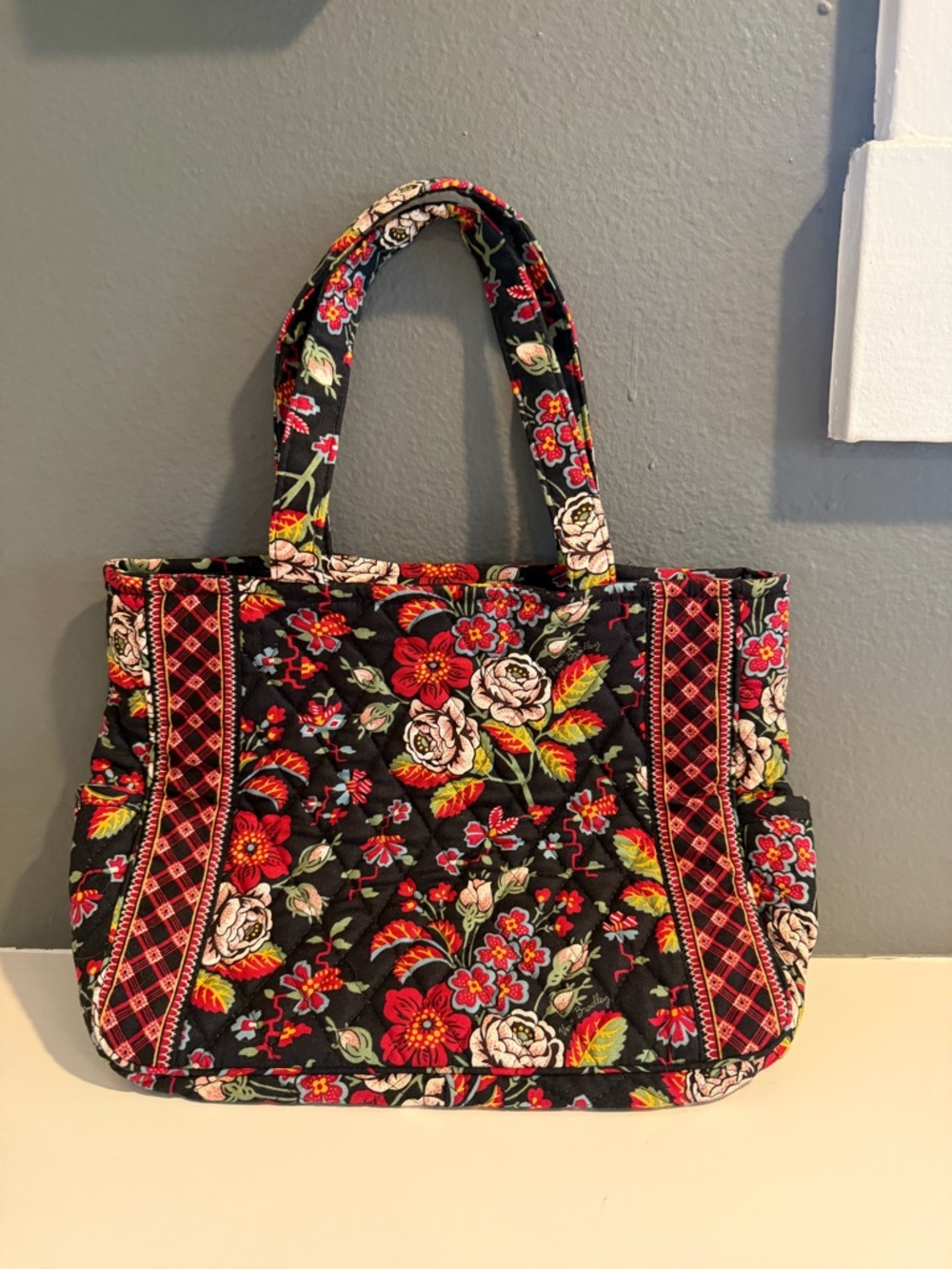 Vera Bradley Floral Quilted Tote Bag - Black and Red Flowers